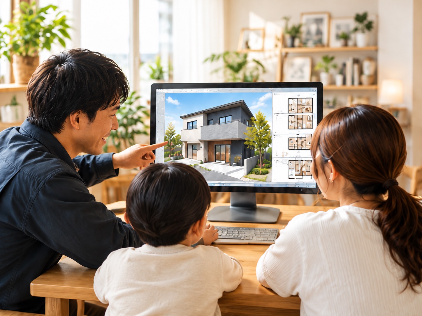 3D住宅プランのモニターを見ながら相談する家族とスタッフ